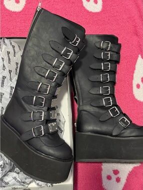 Like New Demonia DAMNED-318 Knee High Vegan Leather Black Boots